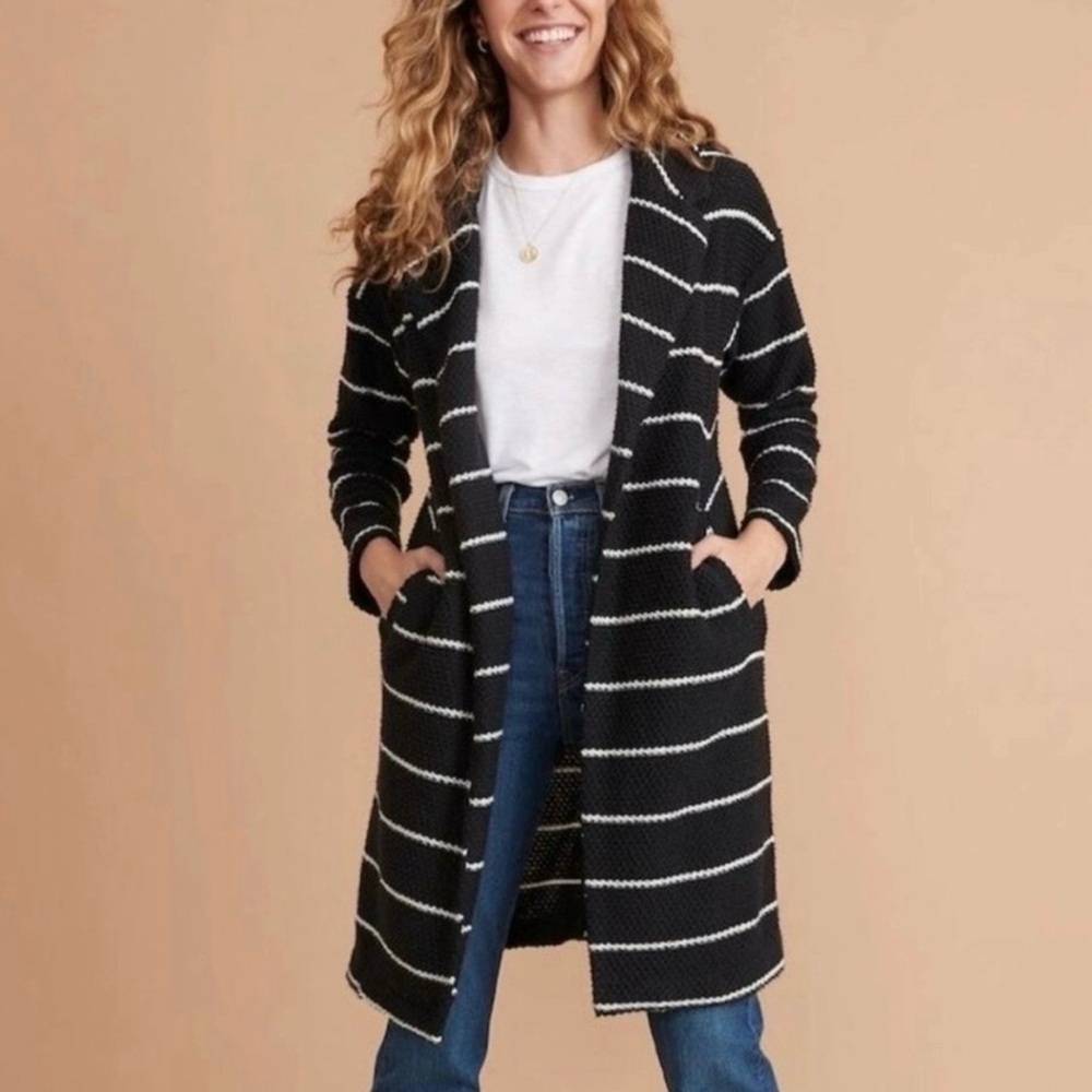 Marine Layer Black and White Striped Open-Front Cardigan